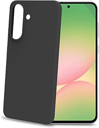 Svart mjukt mobilskal till Samsung Galaxy, sedd framifrån med kamerahål och strömknapp synliga.