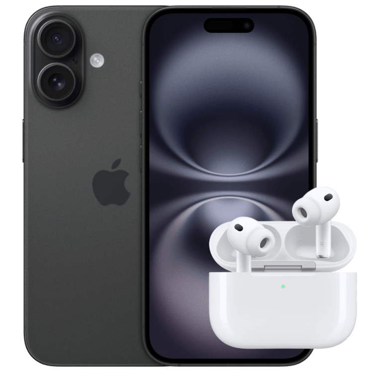 Fram- och baksida av smartphone modell iPhone 16 i svart samt ett par hörlurar modell AirPods Pro 3 i vitt med vitt fodral.