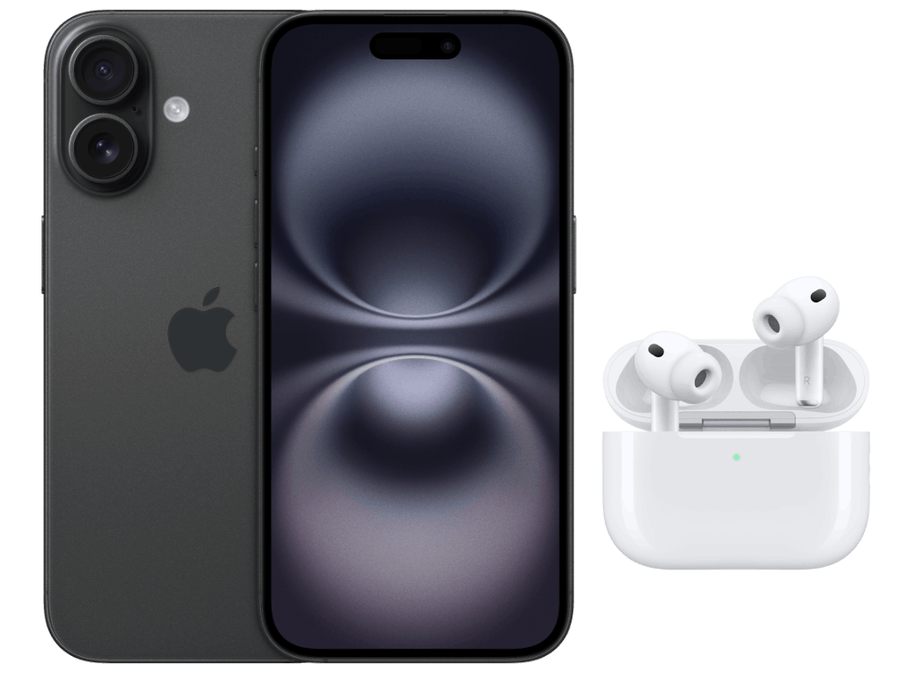 Fram- och baksida av smartphone modell iPhone 16 i svart samt ett par hörlurar modell AirPods Pro 3 i vitt med vitt fodral.