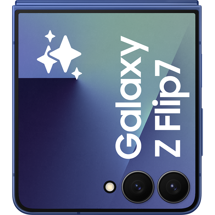 Framsidan av en hopvikt blå Samsung Galaxy Z Flip-telefon med två kameralinser och logotypen "Galaxy Z Flip" i vitt, samt stjärnsymboler.