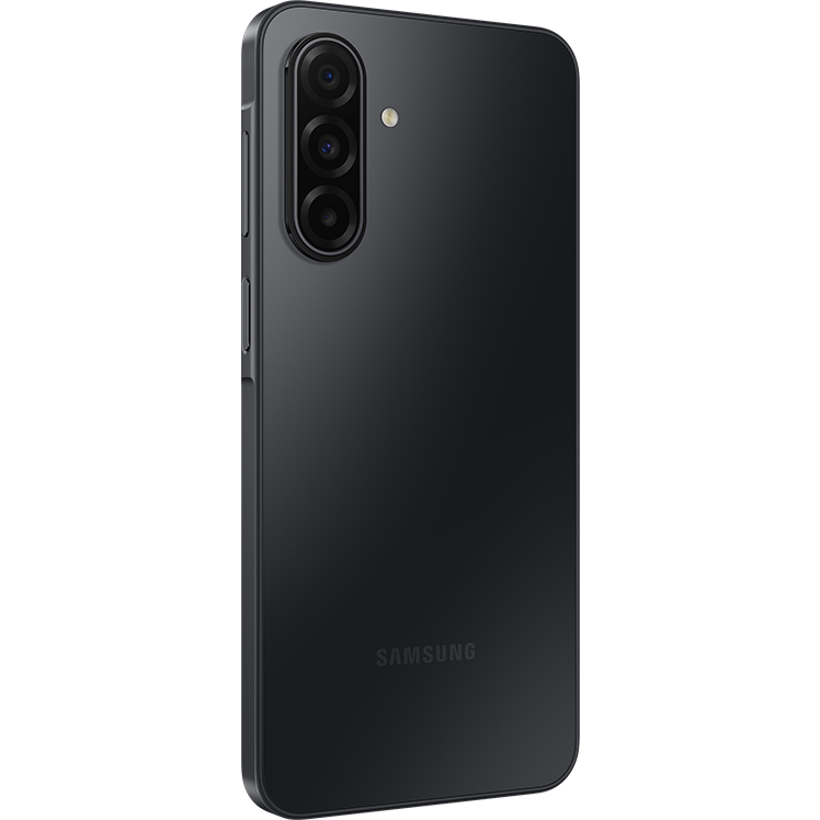 Svart Samsung-smartphone sedd från baksidan med trippelkamera i övre vänstra hörnet och Samsung-logotyp längst ner.