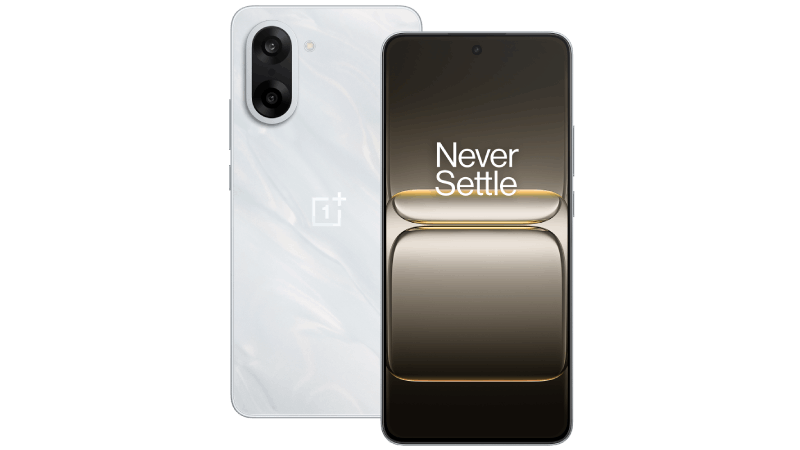Baksidan av en vit OnePlus-smartphone med två kameror, företagslogotyp och marmorerad yta, samt framsidan av en likadan mobil med text "Never Settle" och abstrakta mönster i guld och brunt på skärmen.