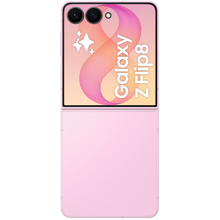 Samsung Galaxy Z Flip8 vikbar smartphone i rosa färg, sedd bakifrån med dubbla kameror och cover-display synlig.
