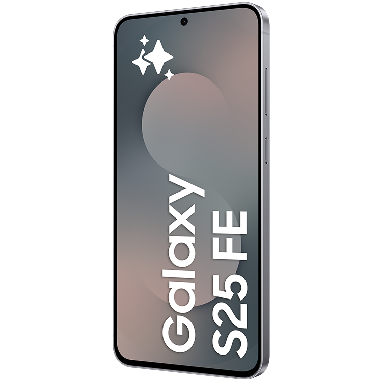 Perspektiv av en Samsung Galaxy S25 FE med grå skärm som visar mobilen namn och stjärnformade ikoner i övre hörnet.