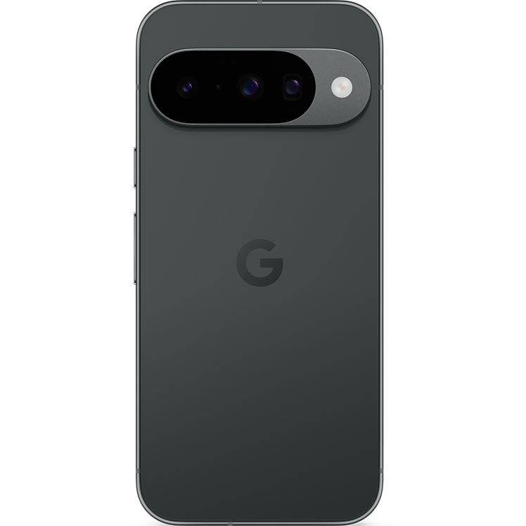Baksidan av en grå Google Pixel-telefon med ett ovalt kameramodul som innehåller tre kameralinser och en blixt.