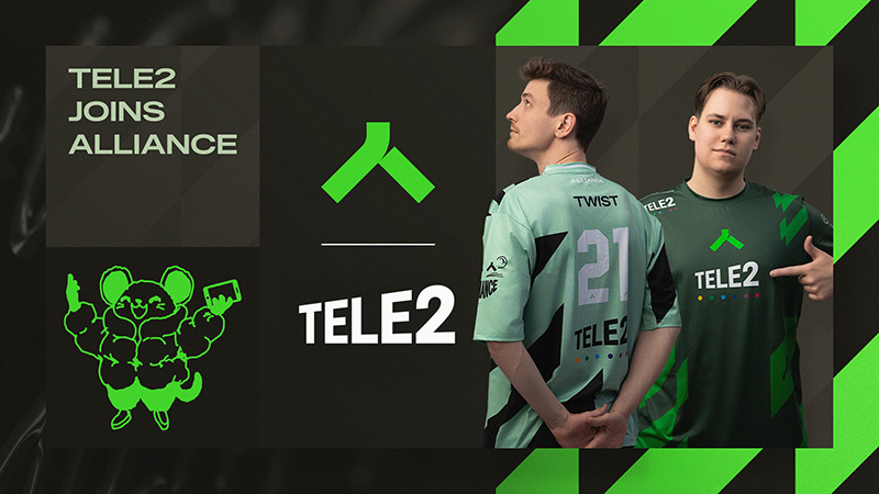 Två e-sportspelare i gröna matchtröjor poserar bredvid Tele2s och Alliance e-sports logotyper, med texten "Tele2 joins Alliance".