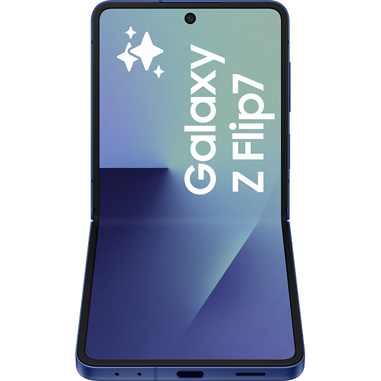 Samsung Galaxy Z Flip7 smartphone i blå färg med vikbar design, visad i uppfällt läge med logotyp och stjärnor på skärmen.