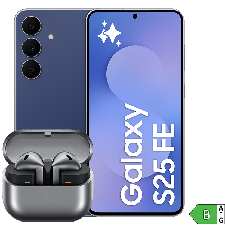Mörkblå Samsung Galaxy S25 FE med tre kameror visas bredvid ett par grå trådlösa hörlurar med laddningsfodral.