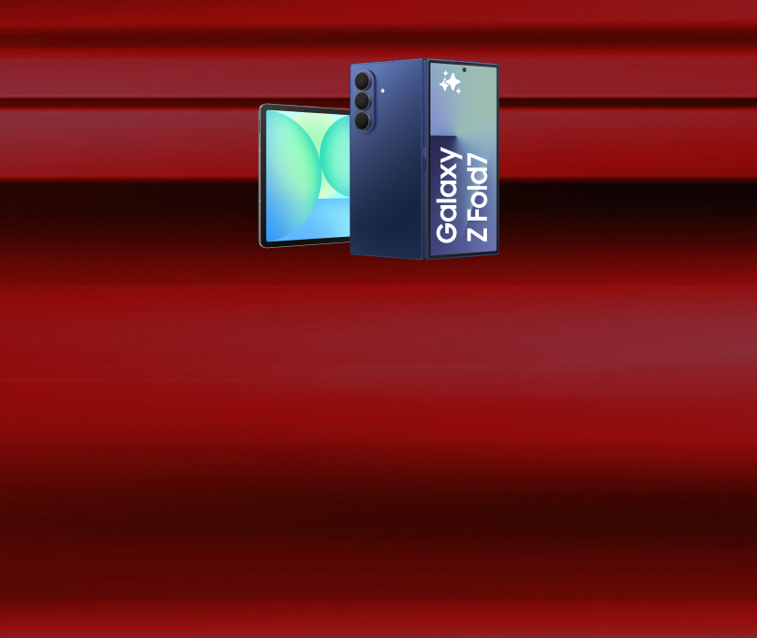 Samsung Galaxy Z Fold7 och Galaxy Tab S10 FE mot röd bakgrund