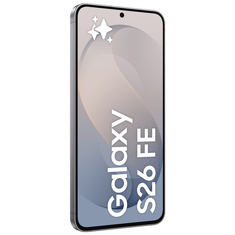 Samsung Galaxy S26 FE smartphone i grå färg med en grå skärm som visar telefonens namn.