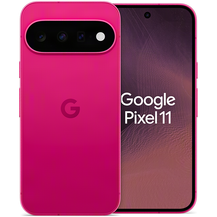Google Pixel 11 smartphone i rosa, visad från bak- och framsidan med trippelkamera och Google-logotyp.