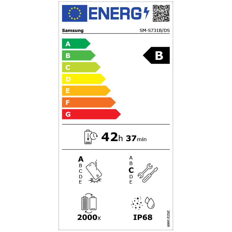 EU-energimärkning för Samsung Galaxy S25 FE med energiklass B, batteritid 42h 37min och IP68-klassificering.