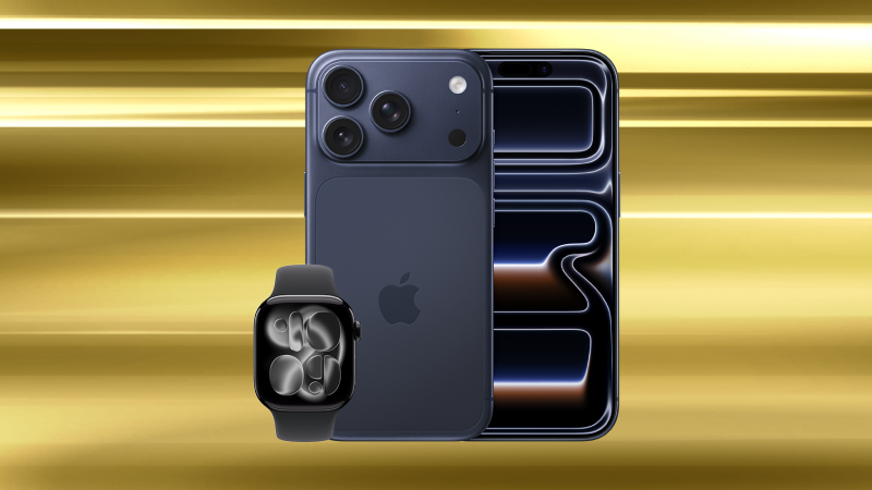 Mörkblå iPhone med tre kameror, Apple Watch och en smartphone med lysande skärm mot gyllene bakgrund.