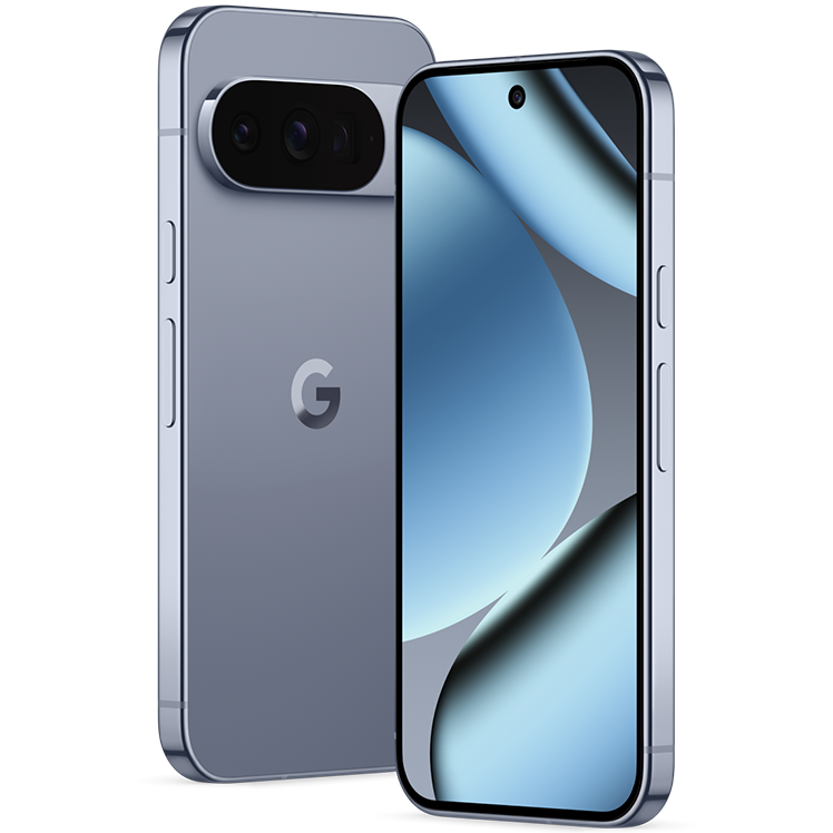 Google Pixel 0 Pro i grå färg med trippelkamera, spegelskärm och G-logotyp på baksidan.
