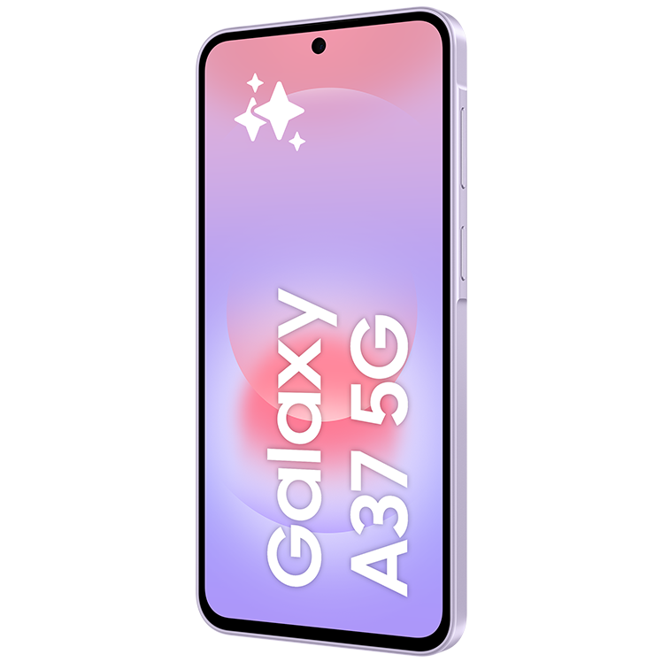 Lila Samsung Galaxy A37 5G-smartphone med rosa-lila skärm, knappar på sidan och centrerad kamera.