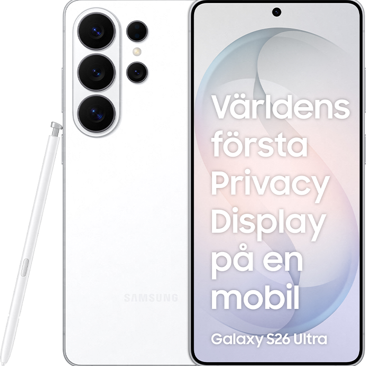 Vit Samsung Galaxy S26 Ultra med penna, visar "Världens första Privacy Display på en mobil" på skärmen.