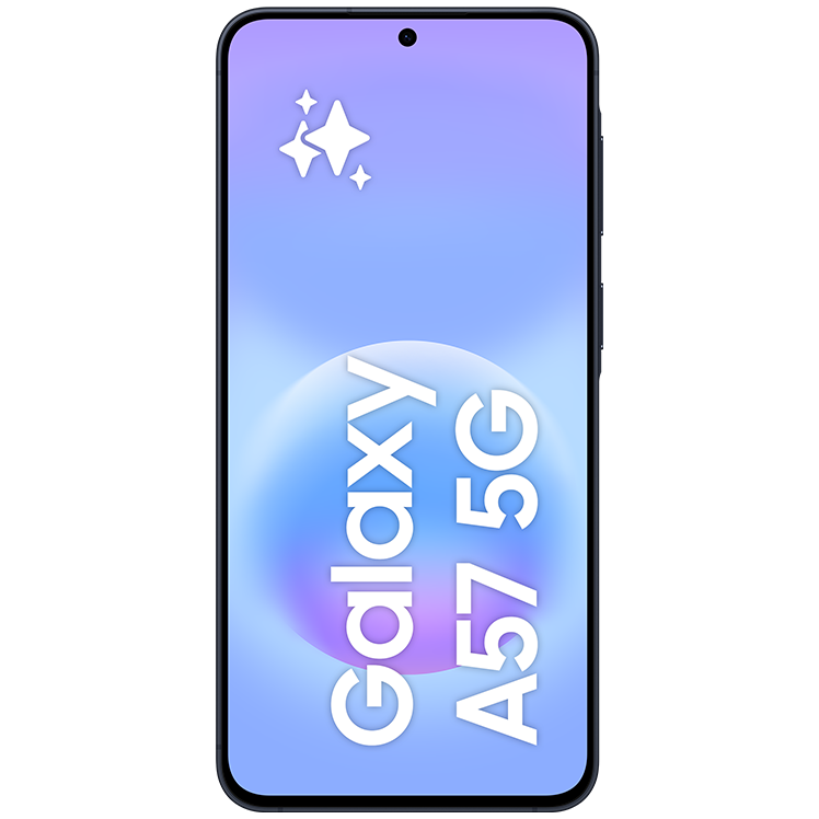 En Samsung Galaxy A57 5G-smartphone med ljusblå skärm som visar produktnamnet och dekorativa stjärnor i övre delen.