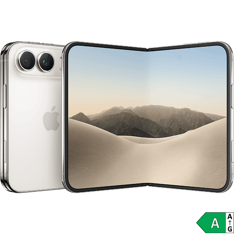 Två vikbara smartphones av modell iPhone Duo. Den ena mobilen är uppfälld och visar en påslagen skärm med ett ökenlandskap. Den andra är stängd med vit baksida och två kameror i övre vänstra hörnet.