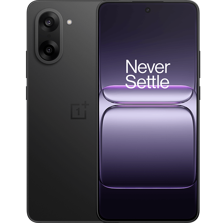 OnePlus-smartphone med texten "Never Settle" på skärmen och en elegant guldaktig design mot mörk bakgrund.