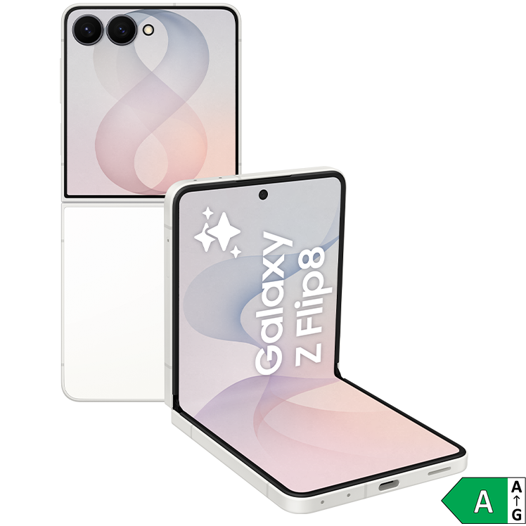 Samsung Galaxy Z Flip8 i vit färg, visad både hopvikt och utvikt med energiklass A-märkning.