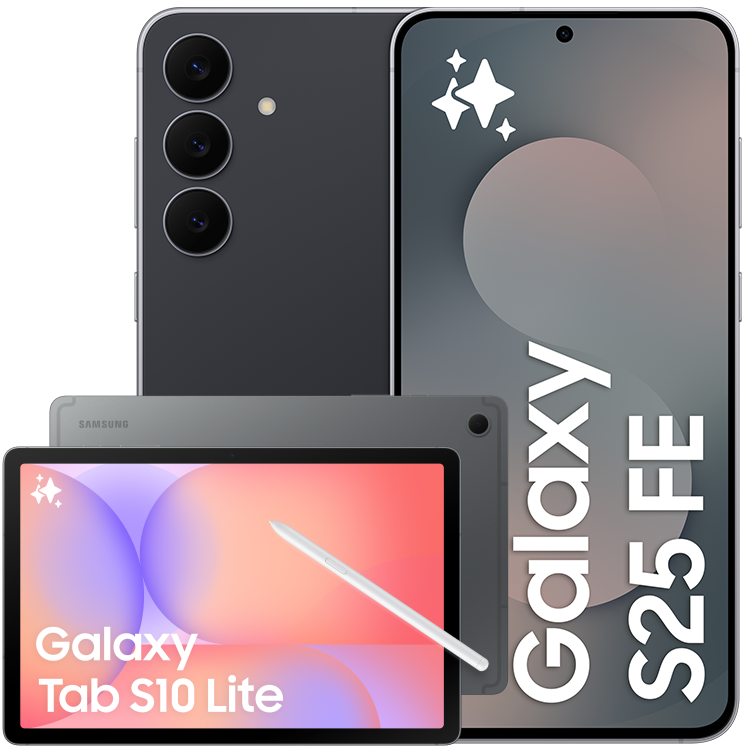 Samsung Galaxy S25 FE smartphone och Galaxy Tab S10 Lite surfplatta i grå färg, visade sida vid sida.