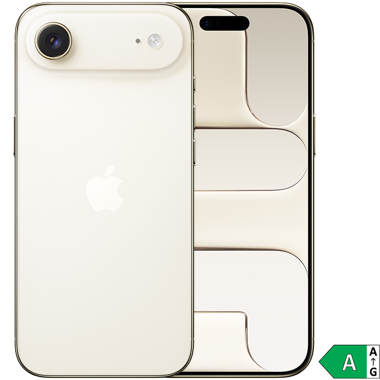 Svart iPhone Air med dubbla kameror på baksidan, Apple-logotyp och en stiliserad skärm med abstrakta linjer bredvid. Energiklass A. 