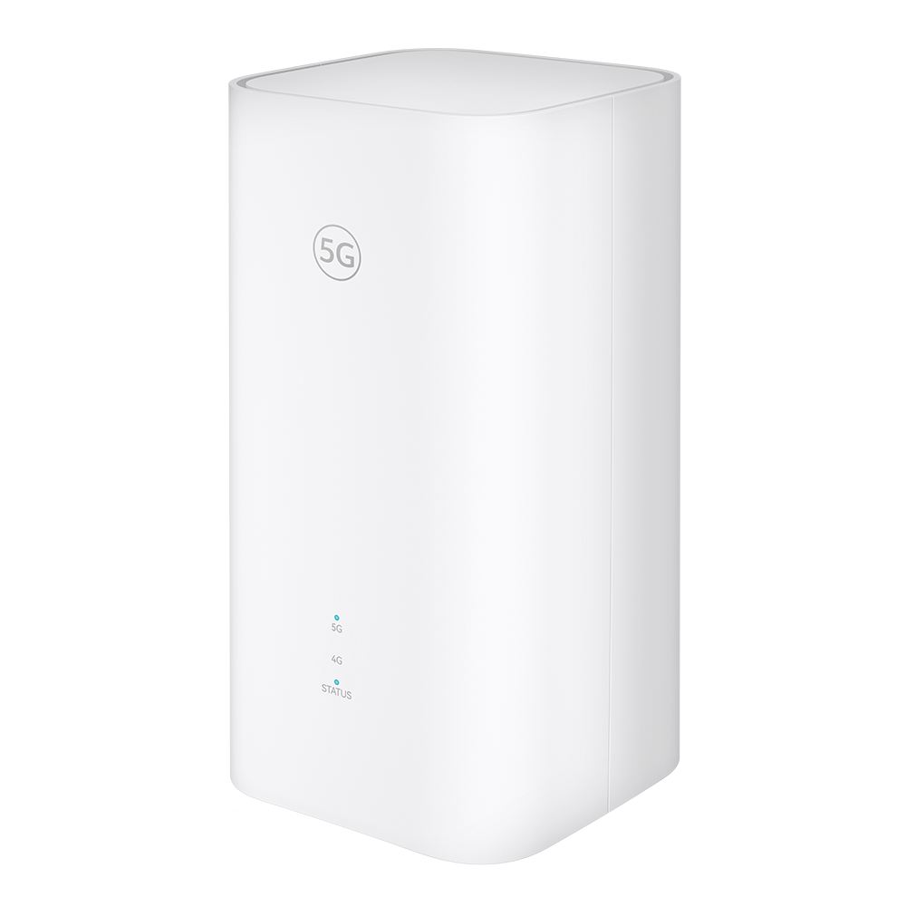 Vit 5G-router med rektangulär form, statusindikator för 5G, 4G och STATUS synliga på framsidan.