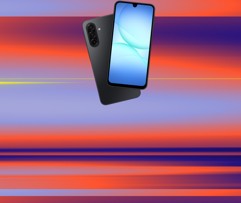 Svart smartphone med trippelkamera visas från fram- och baksidan mot en färgglad bakgrund med orange och lila ränder.