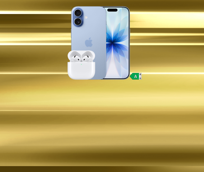 Ljusblå iPhone med blå blomskärm bredvid vita AirPods i laddningsfodral mot gyllene bakgrund.