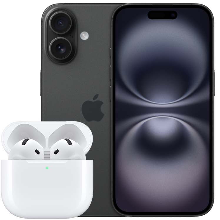 Svart iPhone 16 visad fram- och bakifrån, tillsammans med ett par vita Apple AirPods i öppnat laddningsetui.