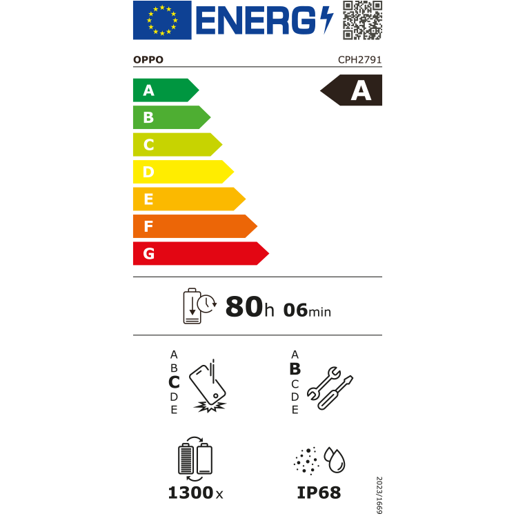 EU-energimärkning för OPPO CPH2791 med energiklass A, batteritid 80h 6min, 1300 laddningscykler och IP68-klassning.