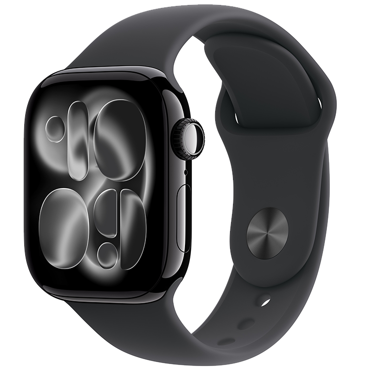 Apple Watch Series 11 med svart boett och svart armband. Skärmen visar en abstrakt svart design med bubbelformer.
