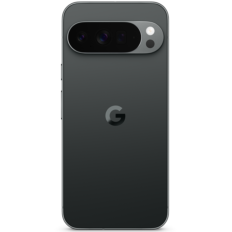 Google Pixel 10 pro XL i svart färg med svart kameramodul som innehåller tre linser och en blixt på baksidan.