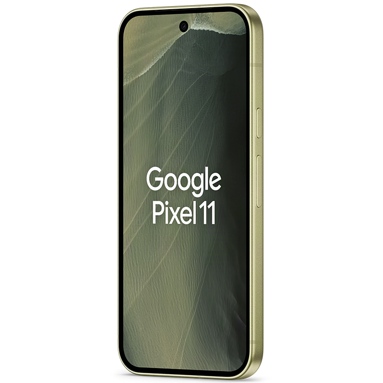Google Pixel 11 smartphone i grön färg, visad från sidan med en grön naturbakgrund på skärmen.