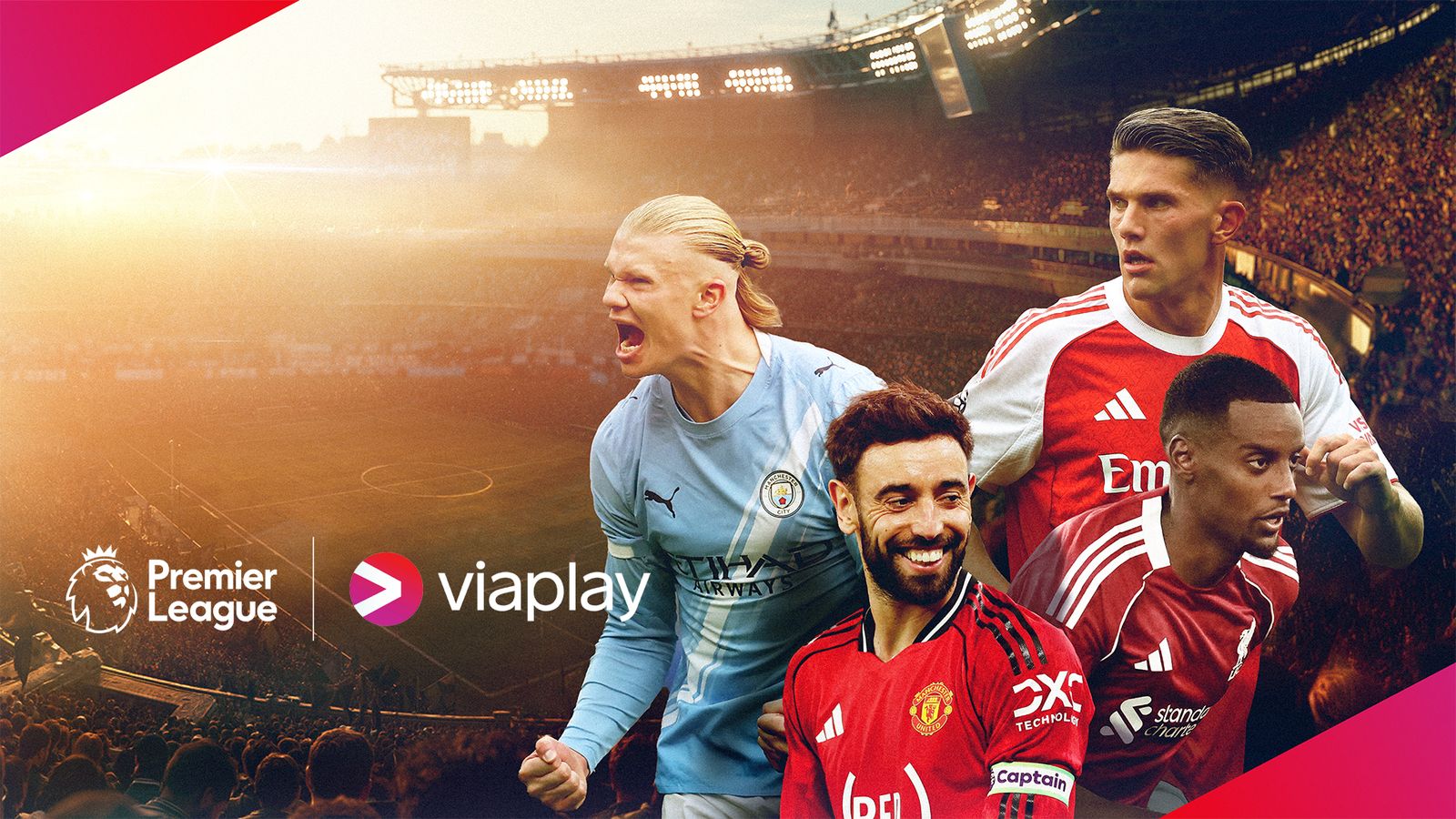 Fyra Premier League-spelare i klubbtröjor framför en fullsatt stadion, med logotyperna för Premier League och Viaplay.