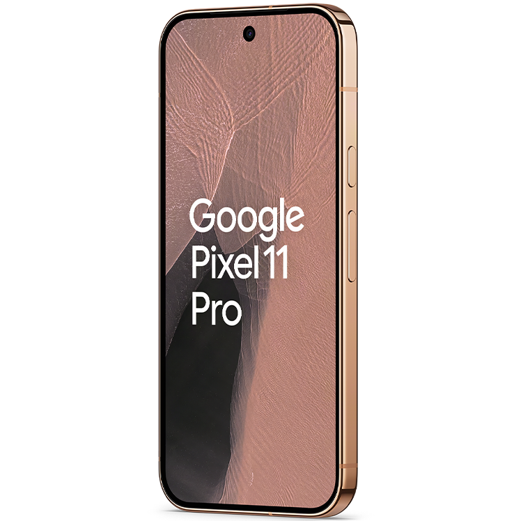 Google Pixel 11 Pro smartphone i rosa färg, sedd framifrån i vinkel med skärmen tänd.
