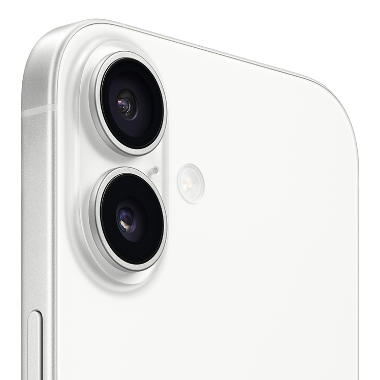 Närbild på en vit smartphone med dubbla kameralinser i övre vänstra hörnet, troligen en iPhone-modell.