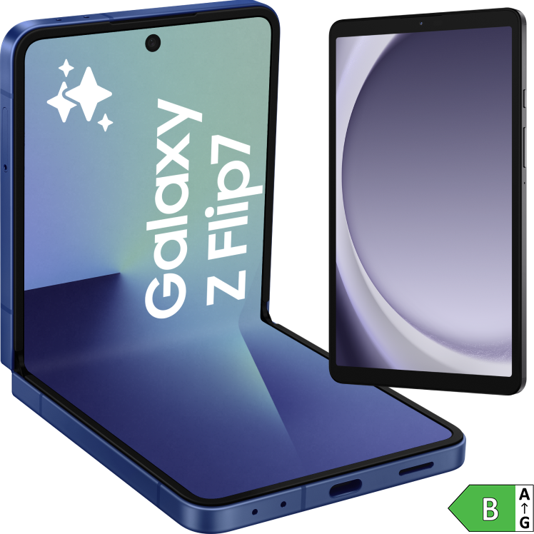 Samsung Galaxy Z Flip i blå färg, visad både ihopfälld och uppfälld med skärmen synlig. Bredvid mobilen visas en surfplatta samt energimärkningen B.