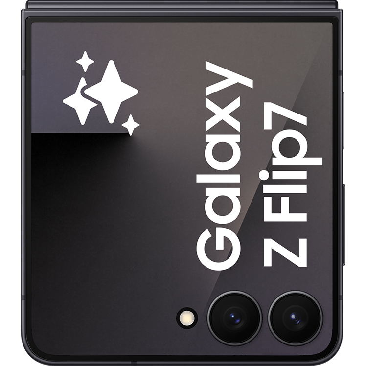 En svart Samsung Galaxy Z Flip-telefon med vit logotyp och stjärnsymboler på baksidan, visar dubbla kameralinser.