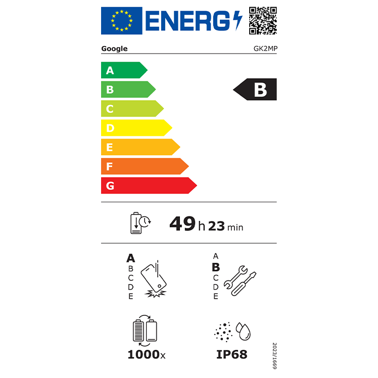 EU-energimärkning för Google-produkt med energiklass B, drifttid 49h 23min, och tekniska specifikationer som IP68-klassning.
