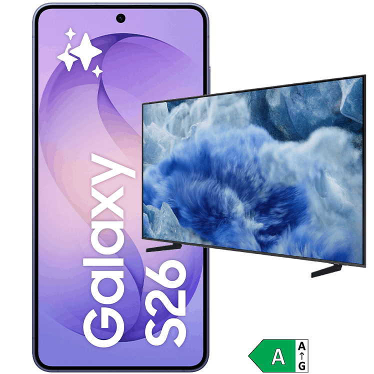 Framsidan av en mobil med text Galaxy S26 på skärmen samt en blåmönstrad tv med stativ. 