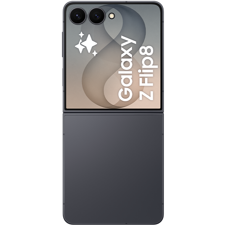 Samsung Galaxy Z Flip8 vikbar smartphone i svart färg, sedd bakifrån med dubbla kameror och cover-display synlig.
