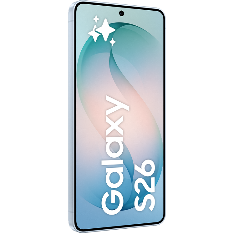 Samsung Galaxy S26 smartphone med pastellfärgad skärm i blått och rosa med gnistrande stjärnor i övre hörnet.