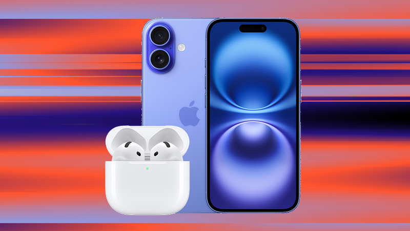 Lila iPhone med blå skärm bredvid vita AirPods i laddningsfodral mot en bakgrund med orange och lila ränder.