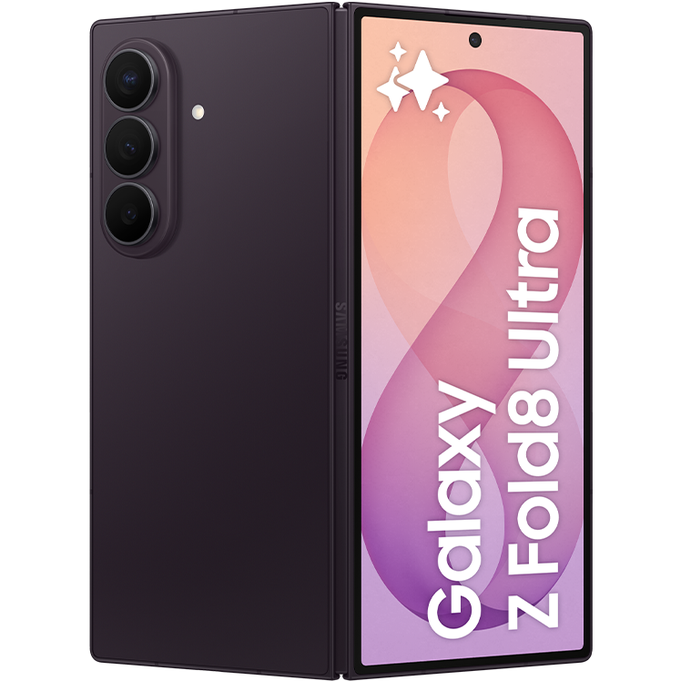 Samsung Galaxy Z Fold8 Ultra vikbar smartphone i mörklila, visad från två vinklar med trippelkamera och rosa skärm.
