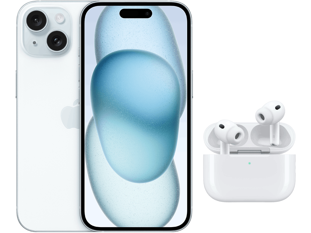 Fram- och baksida av smartphone iPhone 15 i blått samt ett par vita hörlurar, AirPods Pro 3 i vitt fodral. 