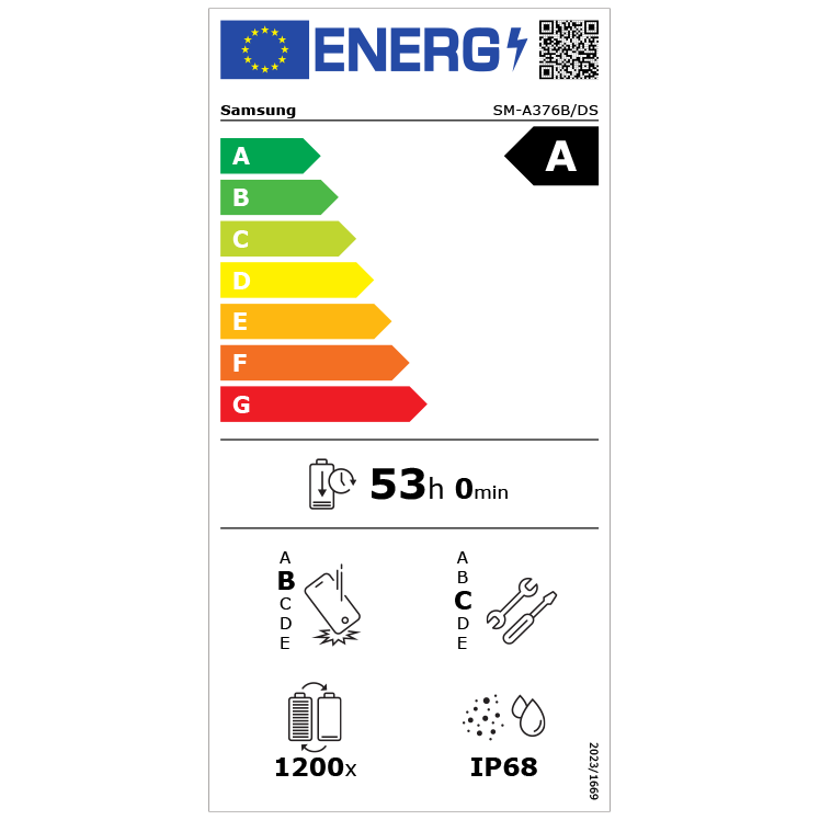 EU-energimärkning för Samsung SM-A376B/DS som visar energiklass A, batteritid 53h och IP68-klassificering.