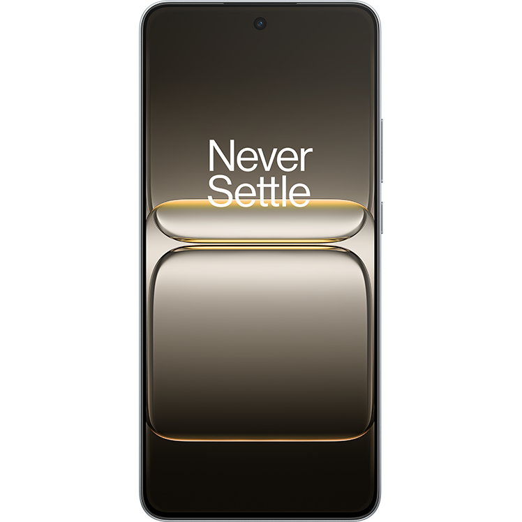 OnePlus-smartphone med texten "Never Settle" på skärmen och en elegant guldaktig design mot mörk bakgrund.
