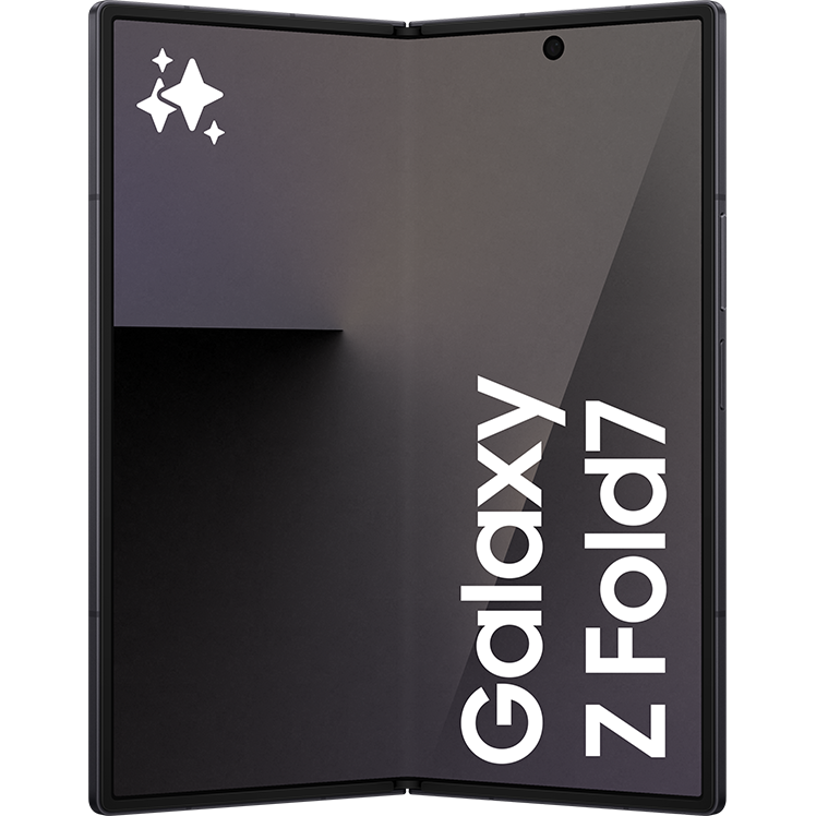 Samsung Galaxy Z Fold7 i svart, nästan helt uppvikt med inre skärm aktiv, visad framifrån.