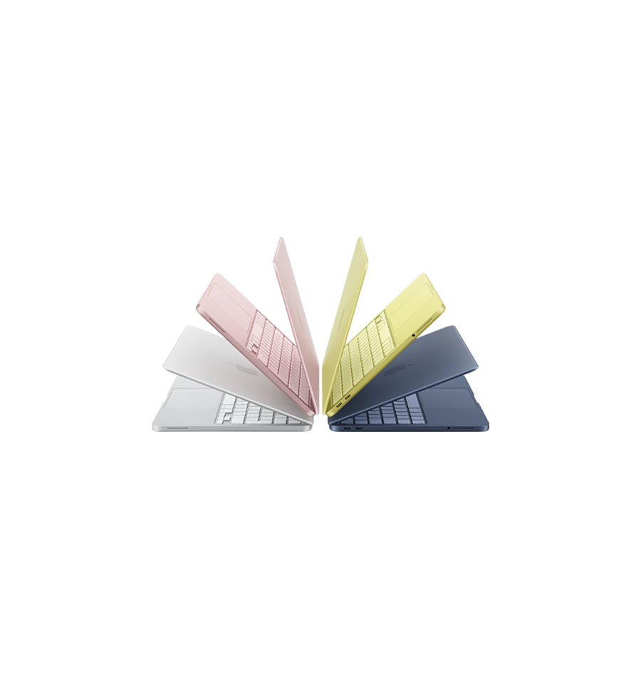 Fyra MacBook Neo-datorer i olika färger: silver, rosa, gul och mörkblå, arrangerade i ett solfjäderformat mönster.